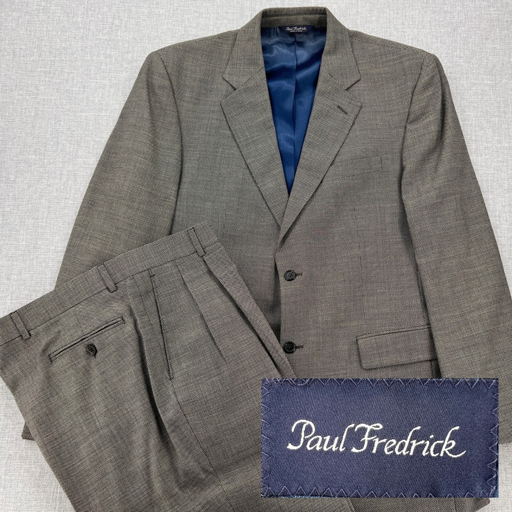 VTG Y2K Paul Fredrick Suit 2pc Wool Blend 44L 38x33 Black Birdseye Ivy‎ Preppy